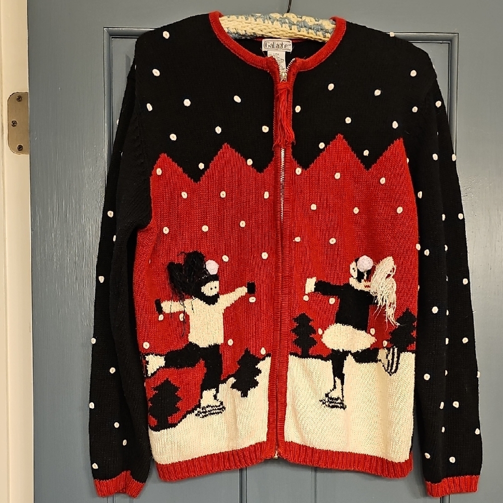 Ugly Sweater Gallagher  Skating Women Large Red Black Ugly Winter Zipper 1990s